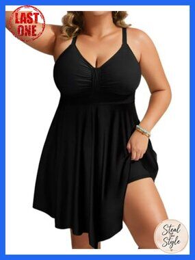 Plus Size One Piece Swim Dress Tummy Control Bathing Suit with Boyleg Bottom
